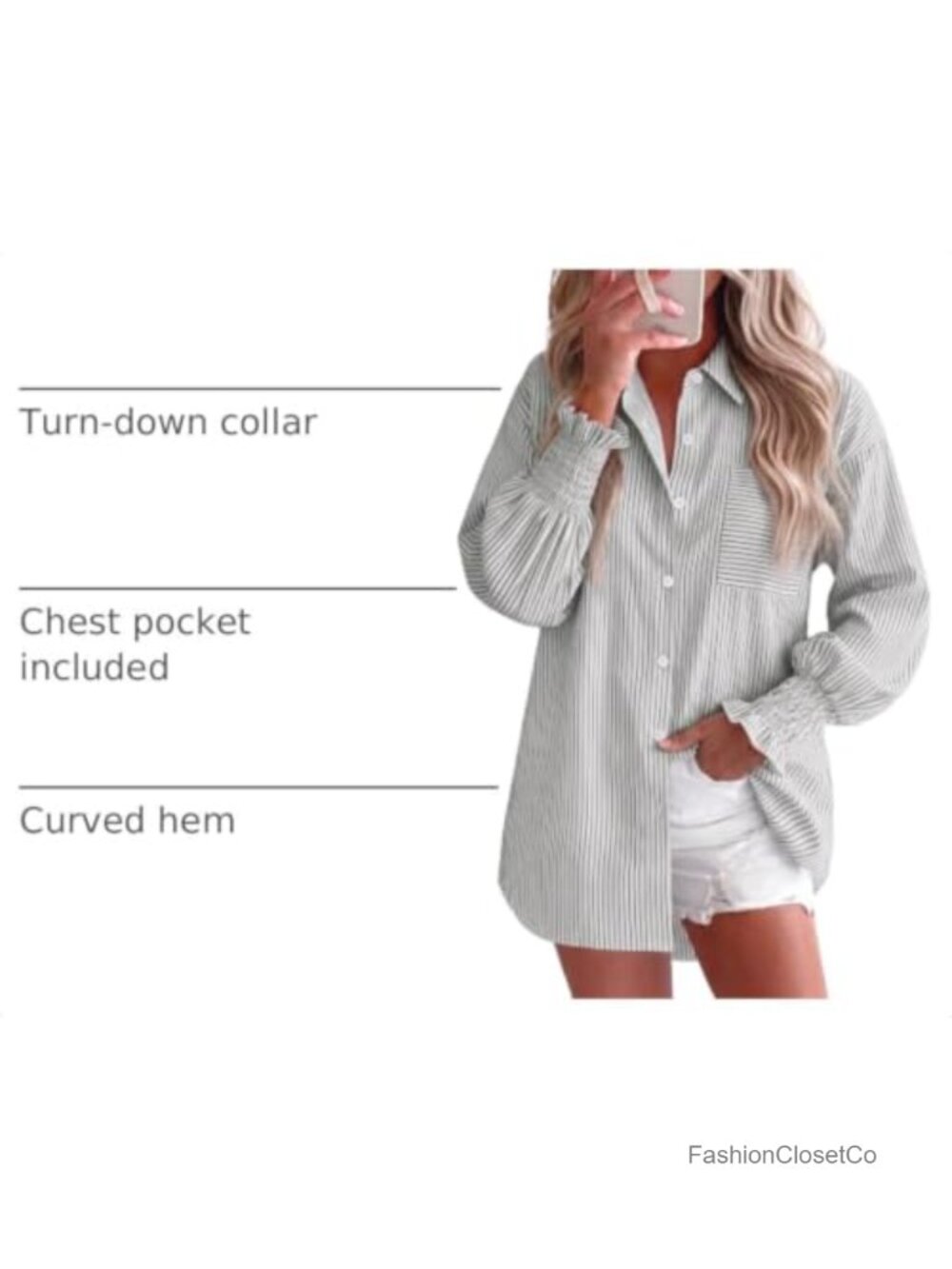 Women's Oversized Button Down Shirt Striped Smocked Cuff Long Sleeve Blouse - Picture 3 of 6